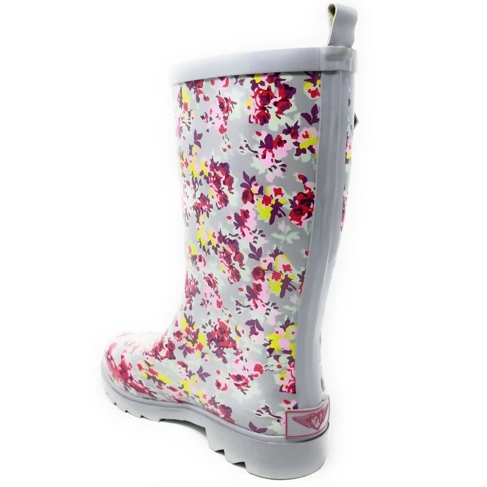 Women's Rain Boots, Mid Calf RainBoots, RB-6041, Grey Flowers, Size 9
